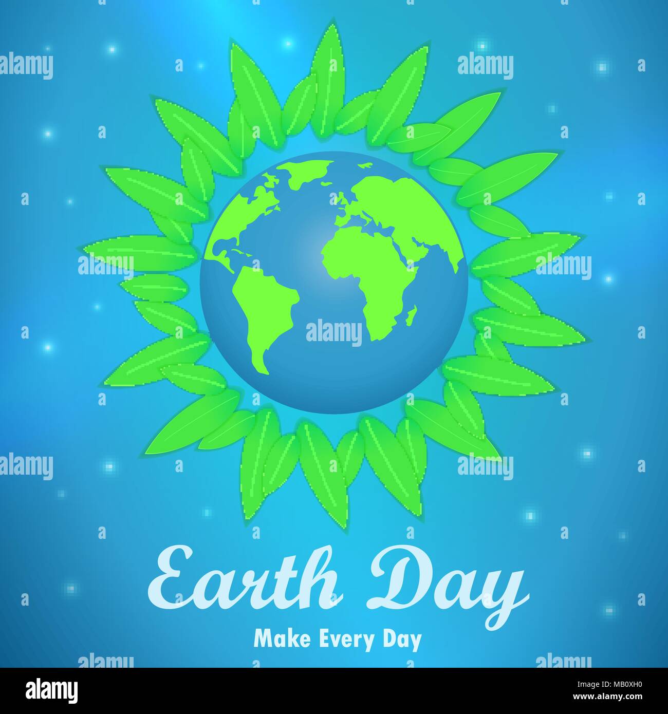Earth Day. Vector illustration with the words, planets and green leaves ...