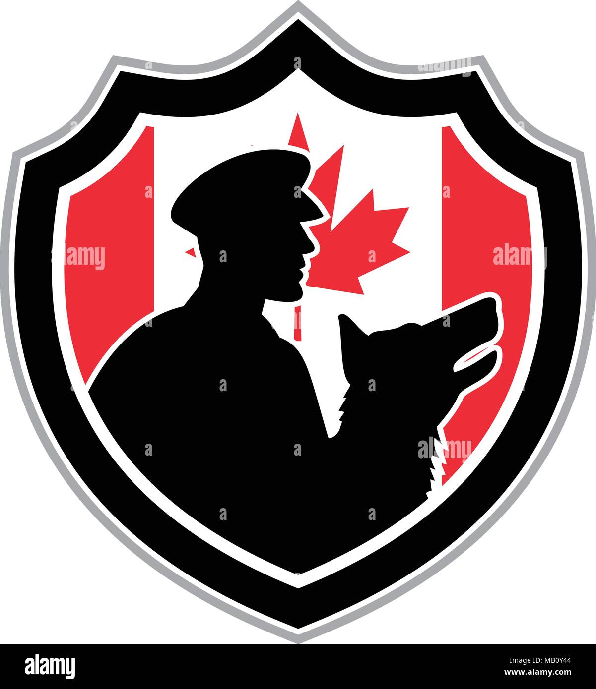Icon retro style illustration of a Canadian police canine team showing a policeman and police dog silhouette viewed from side with Canada maple leaf . Stock Vector