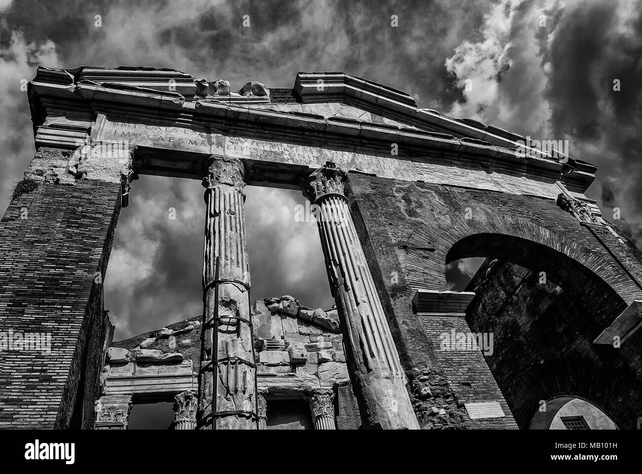 Porticus Octaviae ancient ruins in the historic center of Rome, seen from below (Black and White) Stock Photo