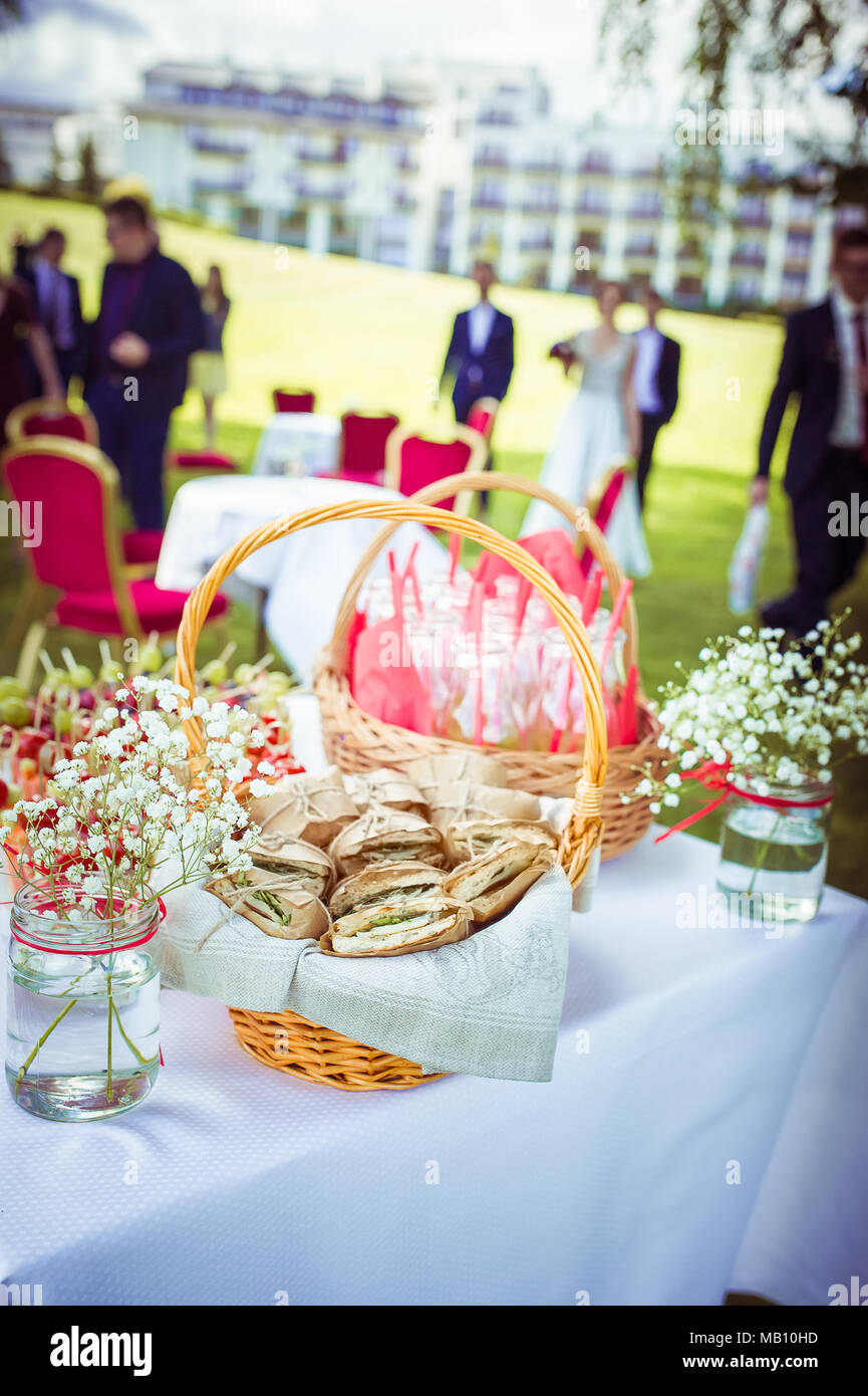 Wedding picnic basket full of sandwiches Stock Photo Alamy