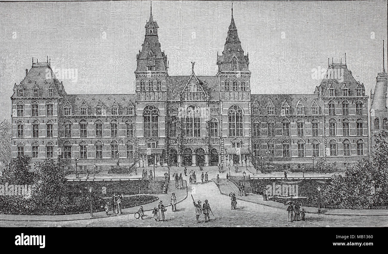 Reichsmuseum Amsterdam, Holland, 1886, The Rijksmuseum is a Dutch national museum dedicated to arts and history in Amsterdam, digital improved reproduction of an original print from the year 1895 Stock Photo