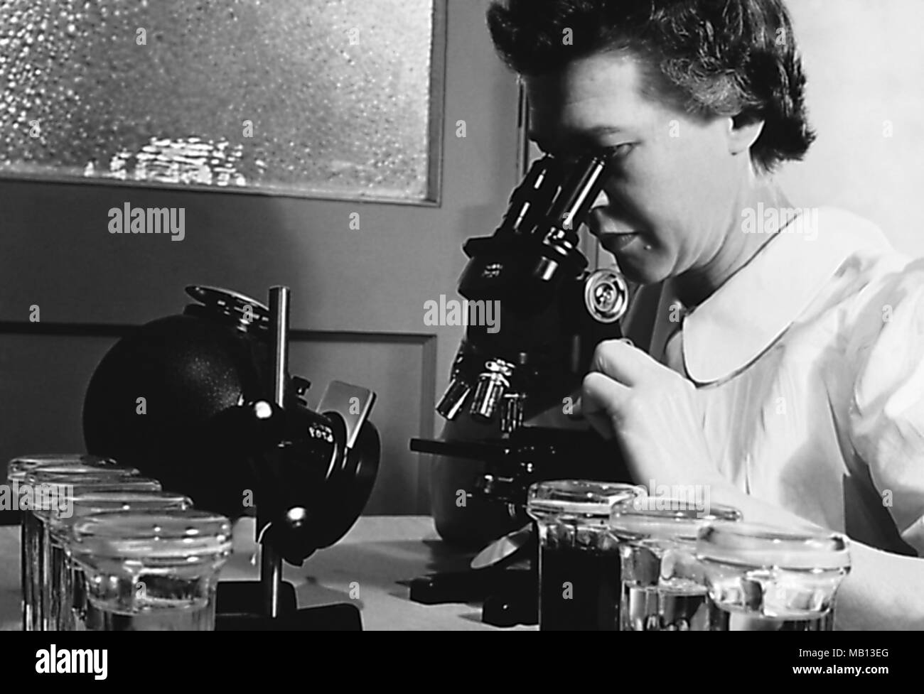 Laboratorian Sadie Johnson Geiger looking into a microscope at the laboratory, still-shot from the film 'The Diagnosis of Intestinal Protozoa by Means of Hematoxylin-Stained Smears', 1954. Image courtesy Centers for Disease Control (CDC). () Stock Photo