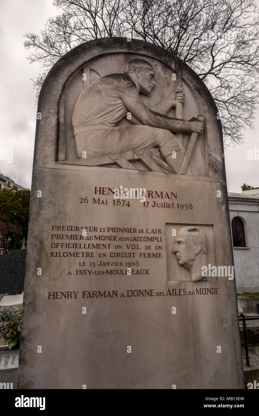 Grave of Henri Farman (aka Henry Farman), an Anglo-French aviator, aircraft designer and manufacturer, Passy Cemetery, Paris, France Stock Photo