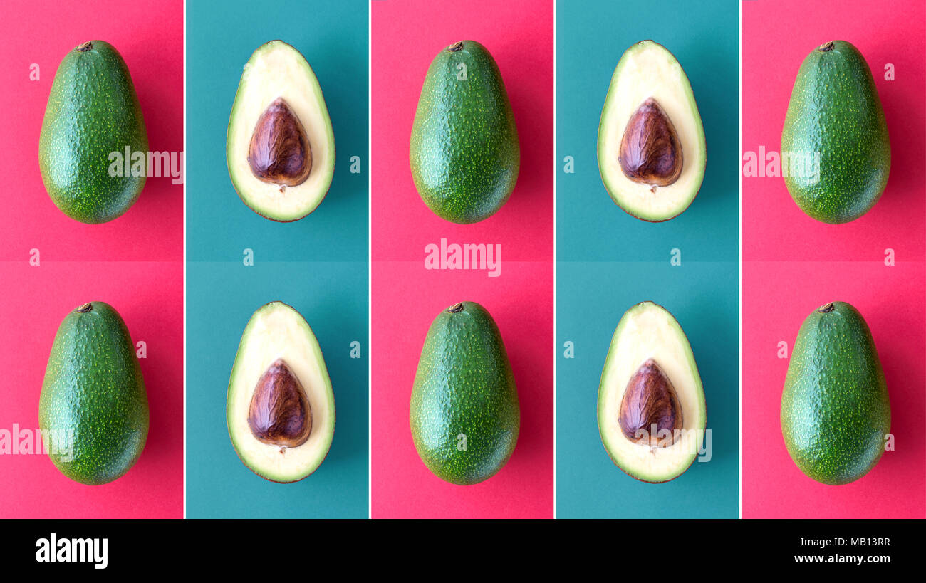 Avocado fruit pattern. Avocado fruit cut in half. High angle view. Stock Photo