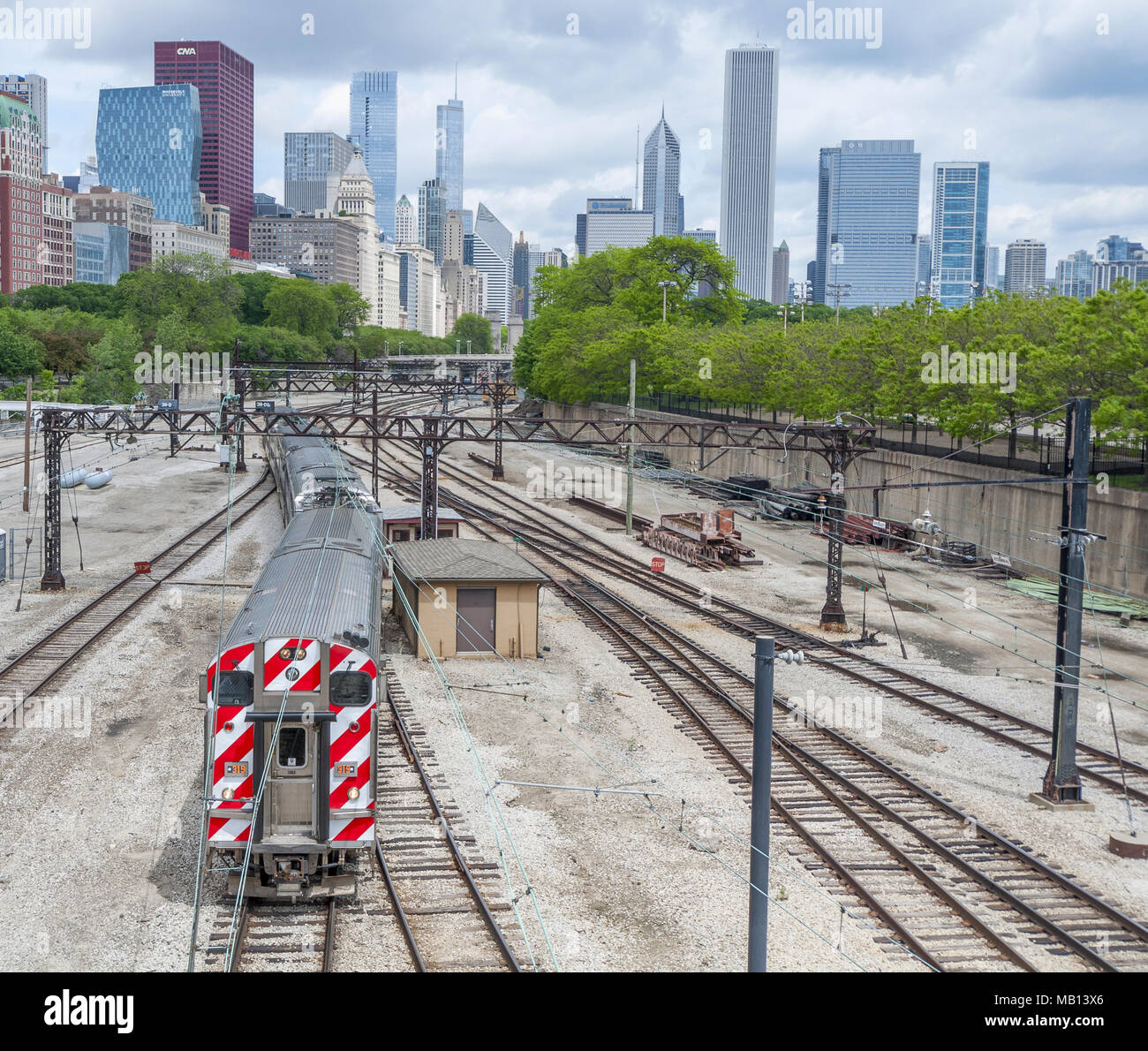 27 May 2016 - Chicago, USA. Urban city railway environment. Modern skyscrapers of downtown Chicago in the background. Stock Photo