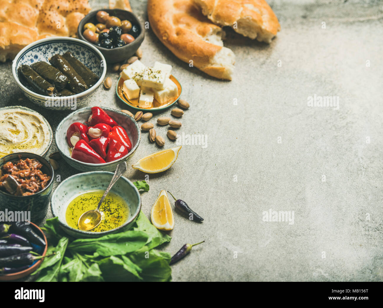 Mediterranean, Middle Eastern meze starter platter. Stuffed pickled