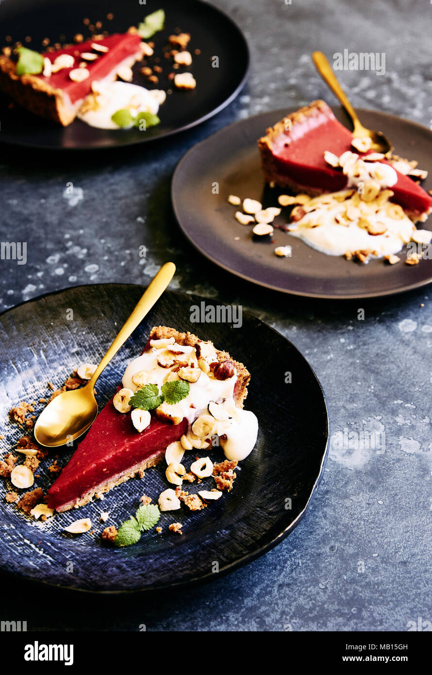 Gluten, dairy free and refined sugar rhubarb and raspberry tart. With a