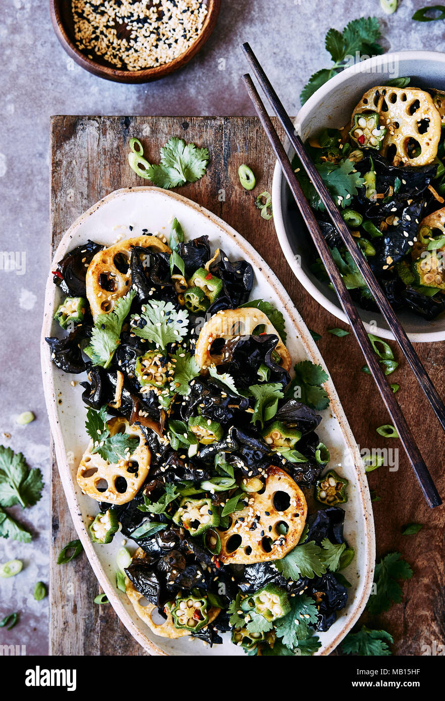 wood ear mushroom, lotus root and okra salad with a garlic, ginger