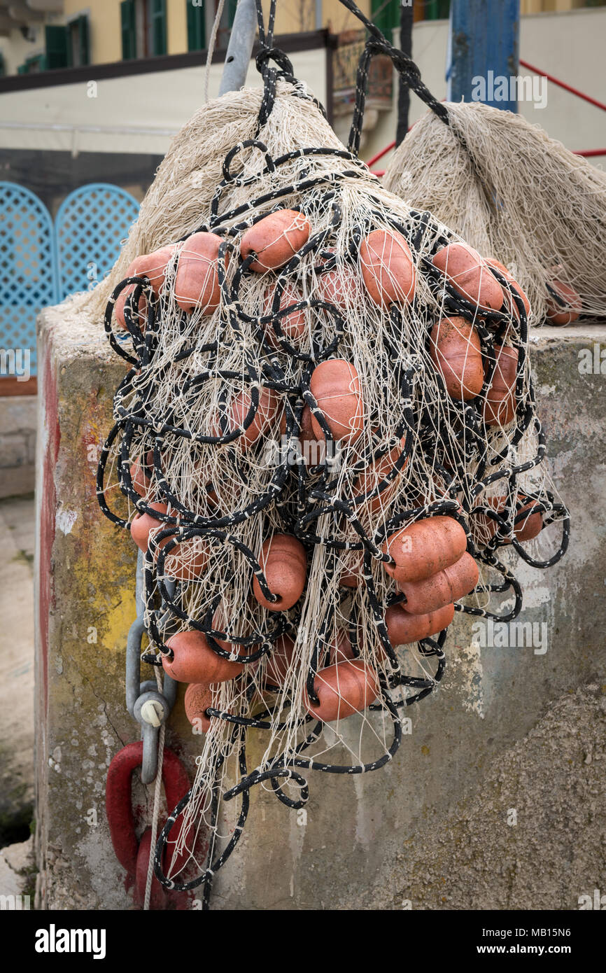 Closeup of a fishing net hanging on a wall, Cres Croatia Stock