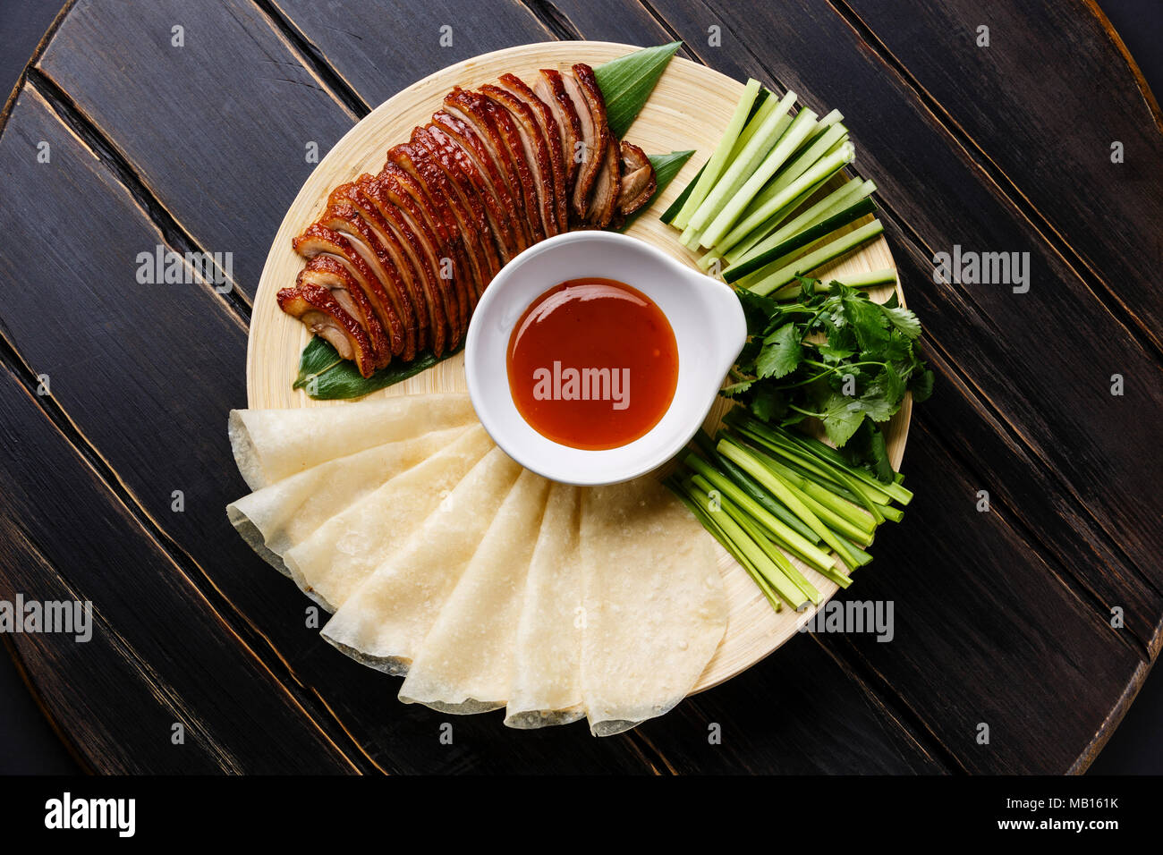 Sliced Peking Duck served with fresh cucumber, green onions, cilantro