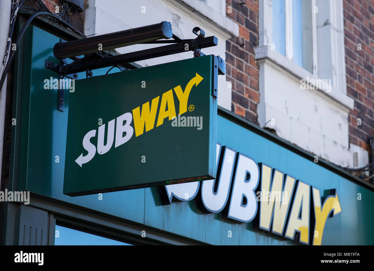 Subway fast food sign, High Street, Lincoln, Lincolnshire, UK - 5th April 2018 Stock Photo