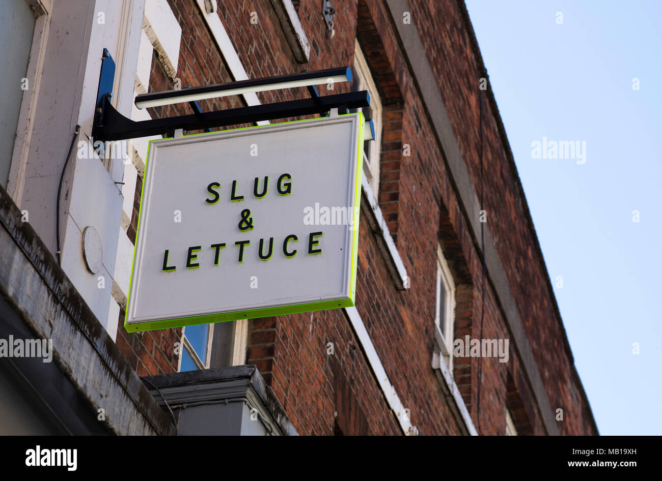 Slug & Lettuce pub chain sign, High Street, Lincoln, Lincolnshire, UK - 5th April 2018 Stock Photo