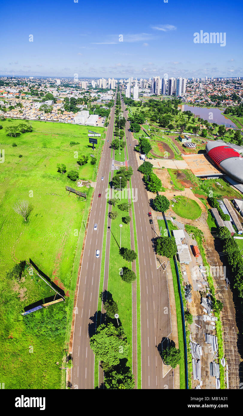 Aerial view of the Afonso Pena avenue, the main avenue of the city of Campo Grande MS. Stock Photo
