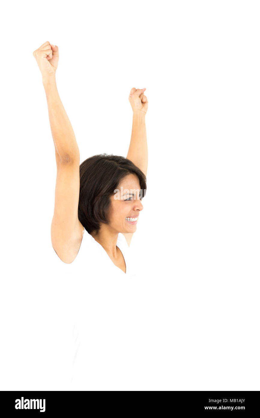 Portrait of Young Woman Cheering, Isolated on White Stock Photo - Alamy