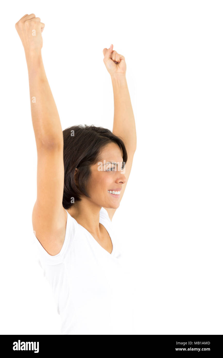 Portrait of Young Woman Cheering, Isolated on White Stock Photo - Alamy