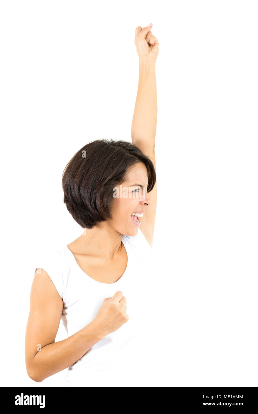 Portrait of Young Woman Cheering, Isolated on White Stock Photo - Alamy