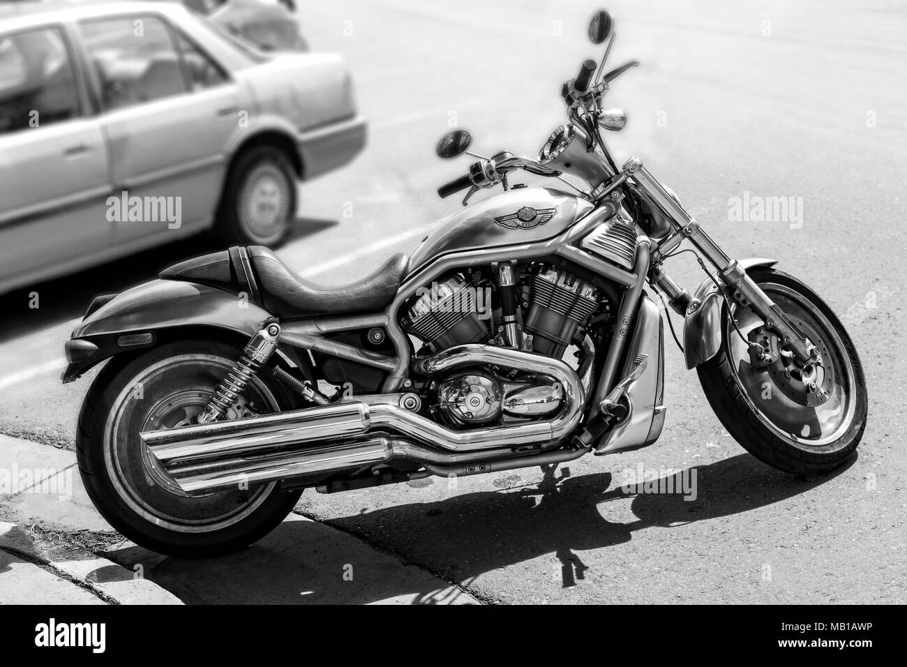 Black & white view of classic Harley Davidson motorcyle; historic Salida; Colorado; USA Stock Photo