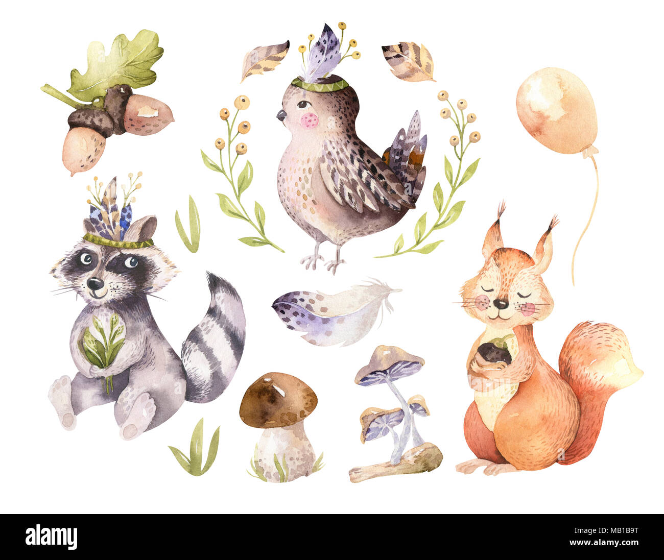 Cute watercolor bohemian baby cartoon rabbit and bear animal for ...