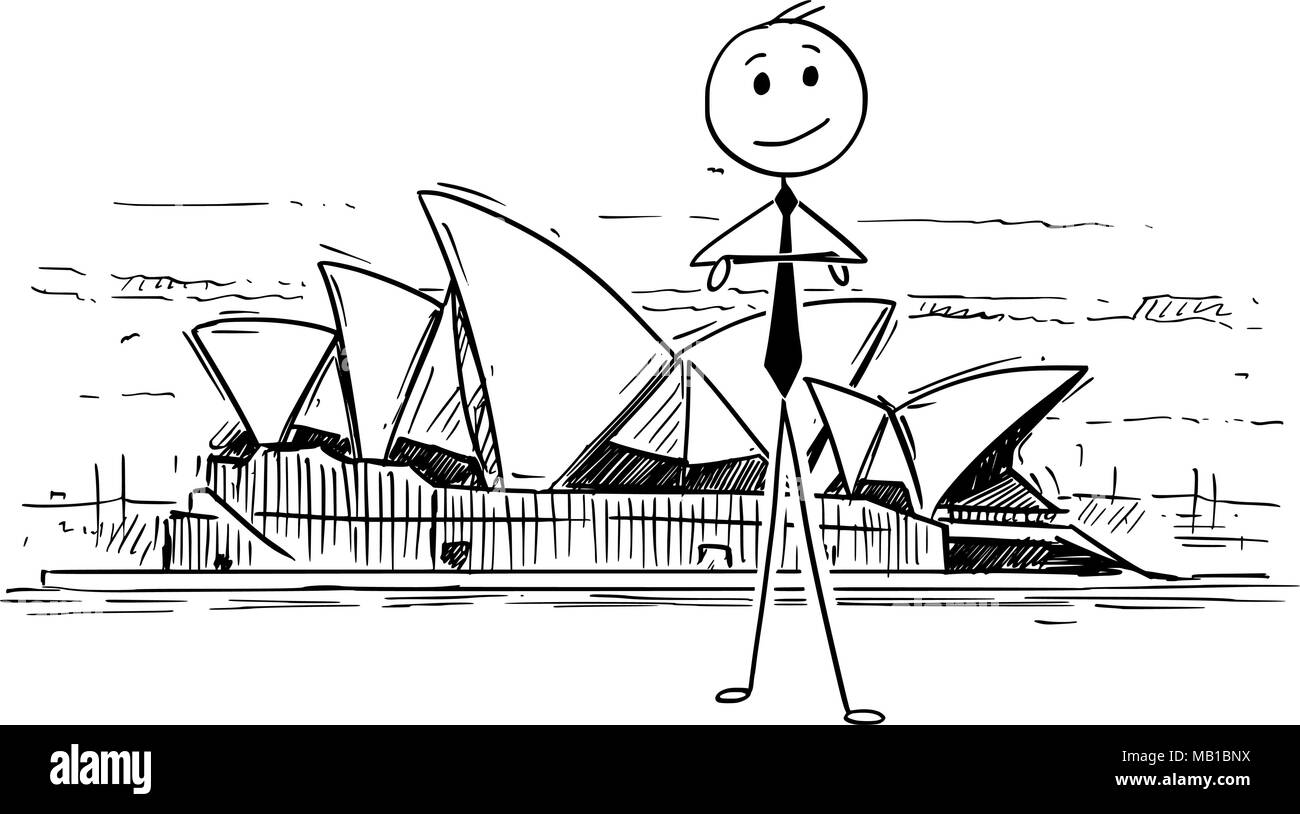 Cartoon of Businessman Standing in Front of Sydney opera House, Australia Stock Vector