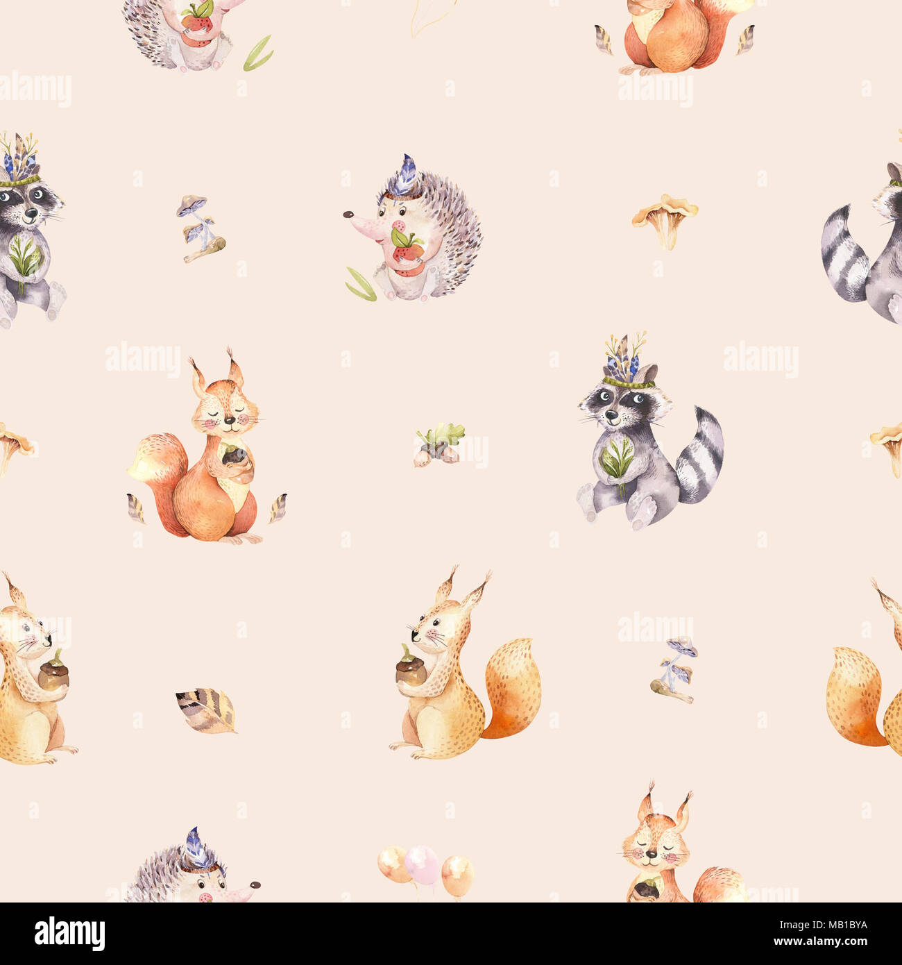 Watercolor seamless pattern of cute baby cartoon hedgehog, squirrel and ...