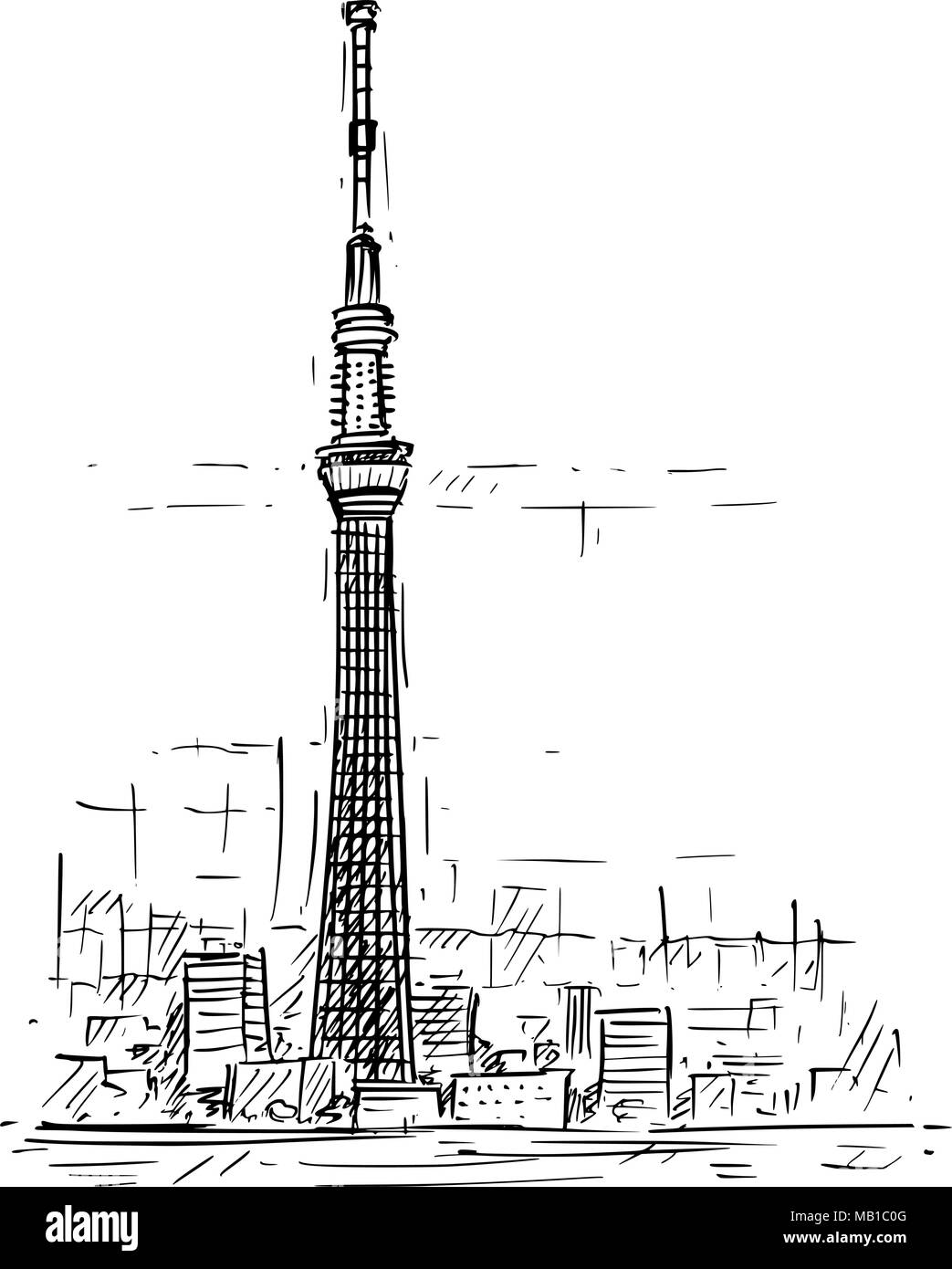 Cartoon Sketch of Tokyo Skytree tower, Japan Stock Vector