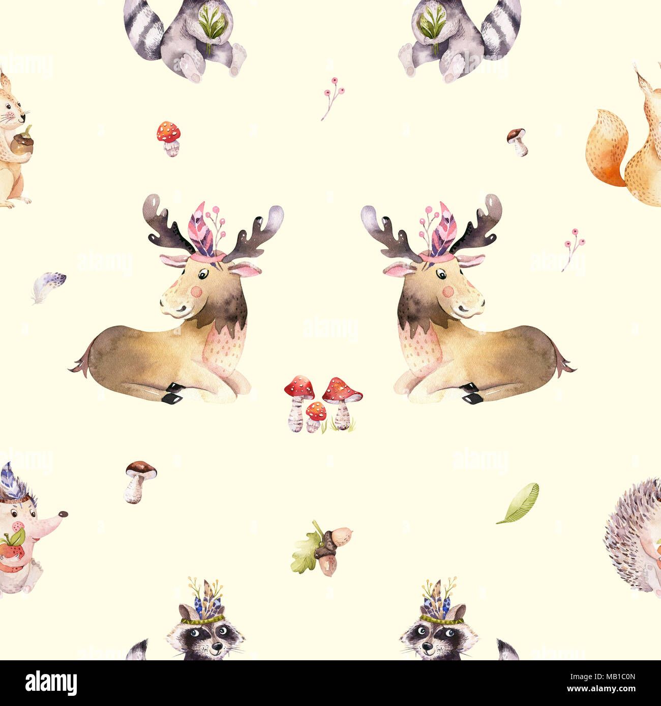 Watercolor Seamless Pattern Of Cute Baby Cartoon Hedgehog Squirrel And Moose Animal For Nursary Woodland Forest Illustration For Children Forest De Stock Photo Alamy