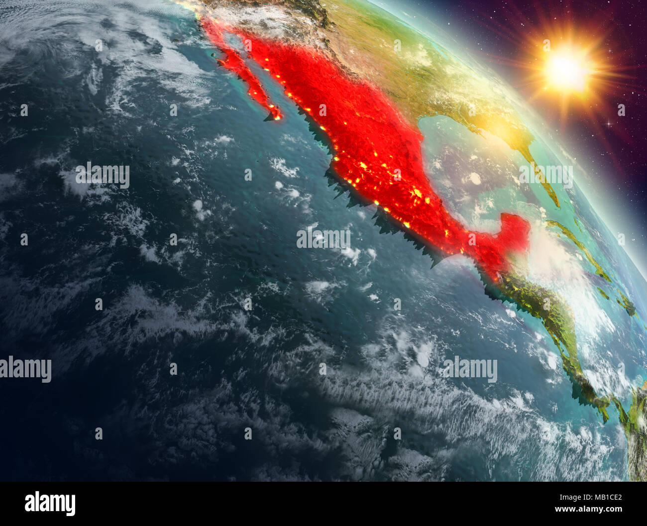 Sunrise above Mexico highlighted in red on model of planet Earth in ...