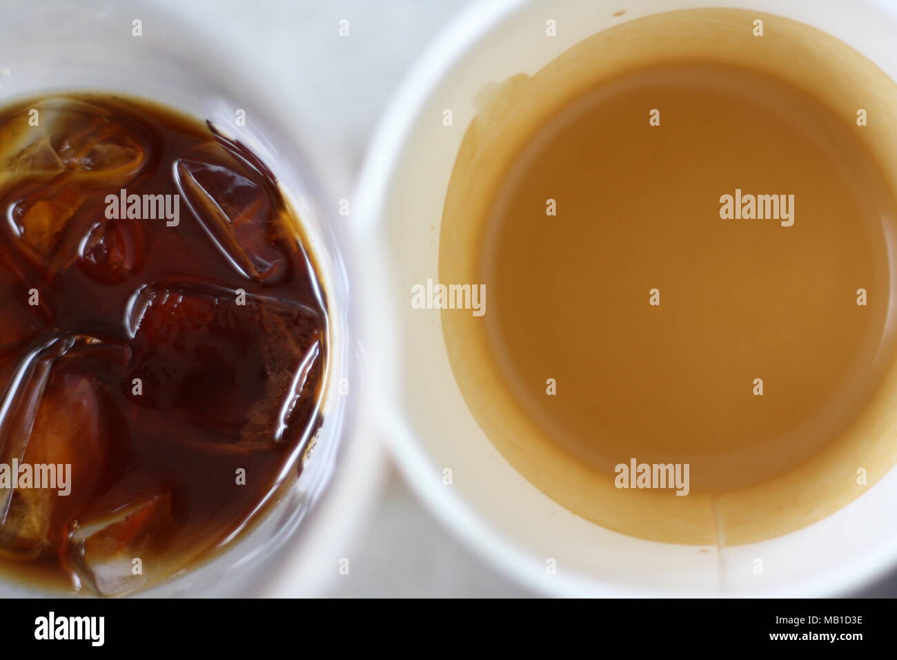 Close up of a sample of cold brew coffee and shot of espresso taken during Coffee Con at Industry City. Stock Photo