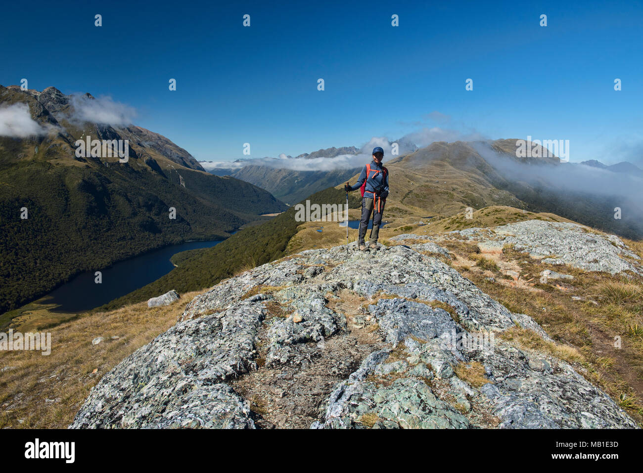 Hiking along the Key Summit ridge off the Routeburn Track, Fjordland, New Zealand Stock Photo ...