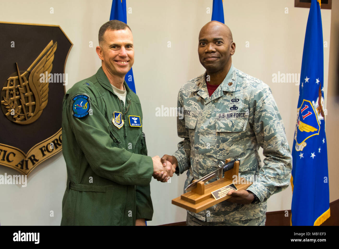 Maj. Derick Price is presented with the 2017 Field Grade Officer of the Year award for Headquarters Pacific Air Forces from Brig. Gen. Gregory Guillot, Headquarters PACAF chief of staff, during the 2017 Outstanding Airman of the Year ceremony Feb. 9, 2018, at Joint Base Pearl Harbor-Hickam, Hawaii. Outstanding Airman of the Year awards are presented to recipients who have demonstrated superior leadership, job performance and personal achievement throughout the year. Stock Photo