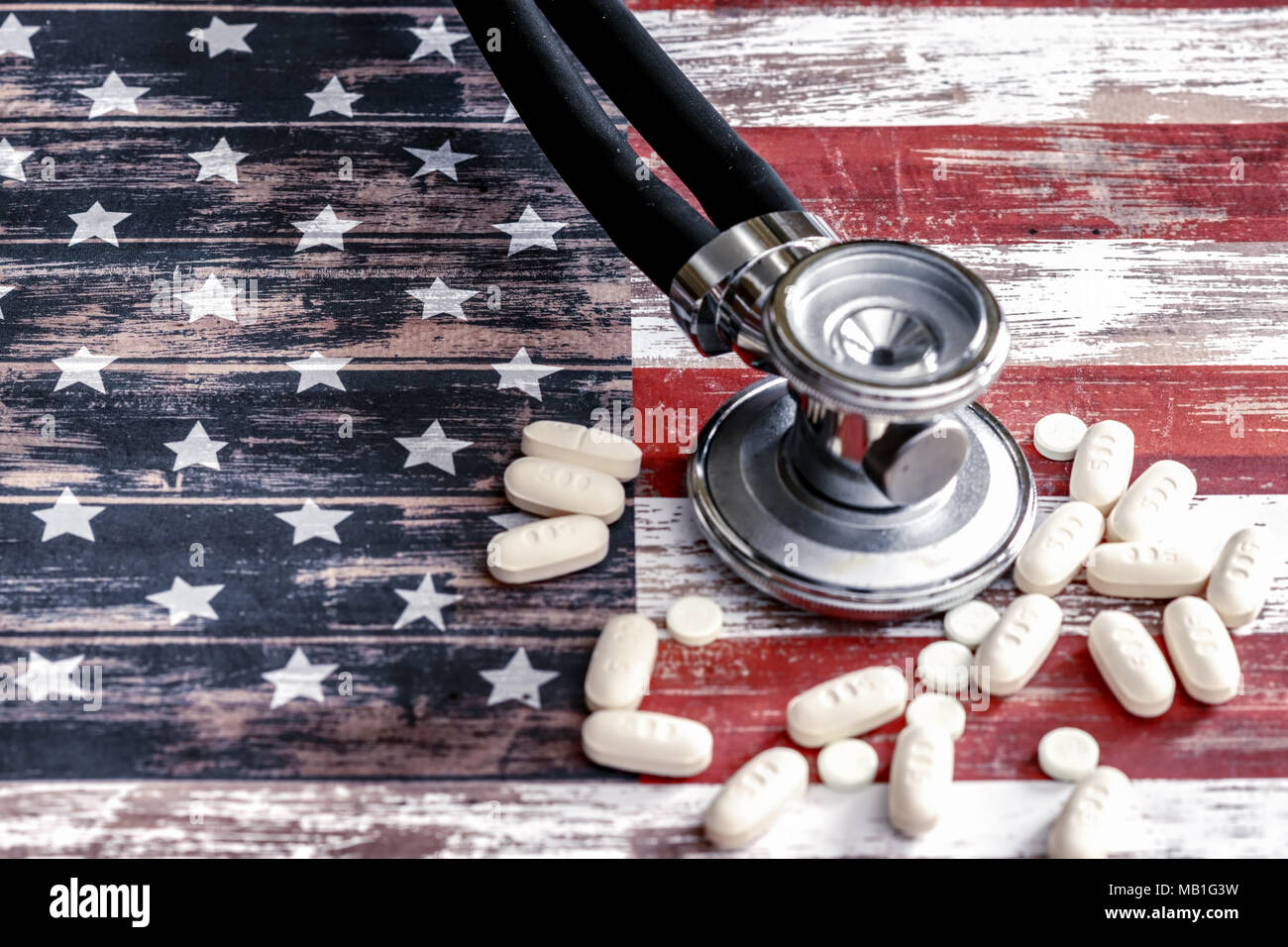 Pain, blood pressure, and heart medication on USA flag for drug usage