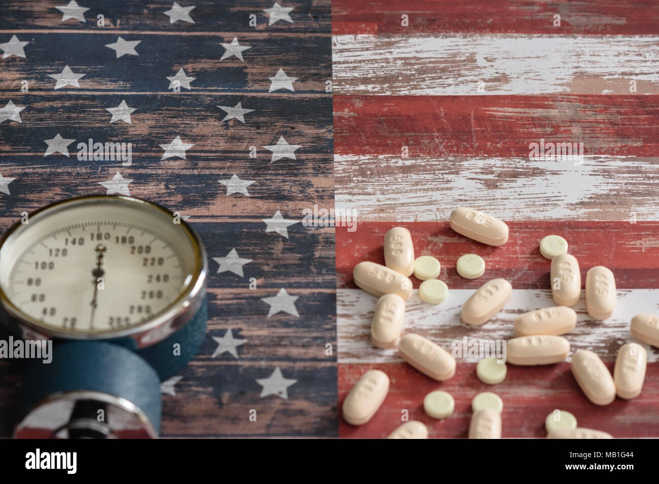 Pain, blood pressure, and heart medication on USA flag for drug usage