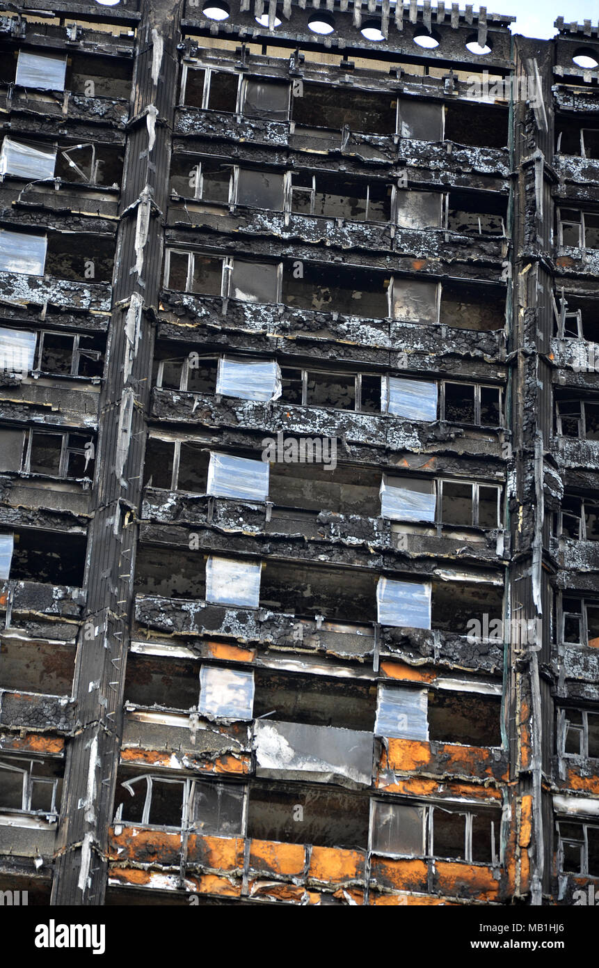 Grenfell tower, destroyed by fire,  Reynobond PE Stock Photo