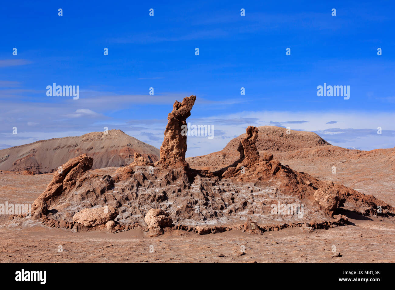 Tres Marias rock formation, Valle de la Luna, Atacama Desert, Chile. This image has been digitially manipulated to remove an unsightly sign. Stock Photo