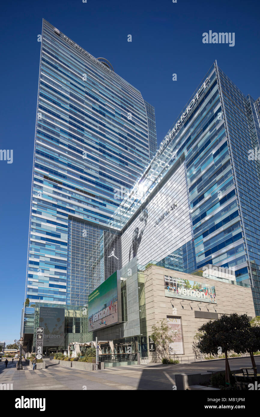 LA Live tower and JW Marriott Hotel, Nike Jumpman ad, downtown Los Angeles, California, USA Stock Photo