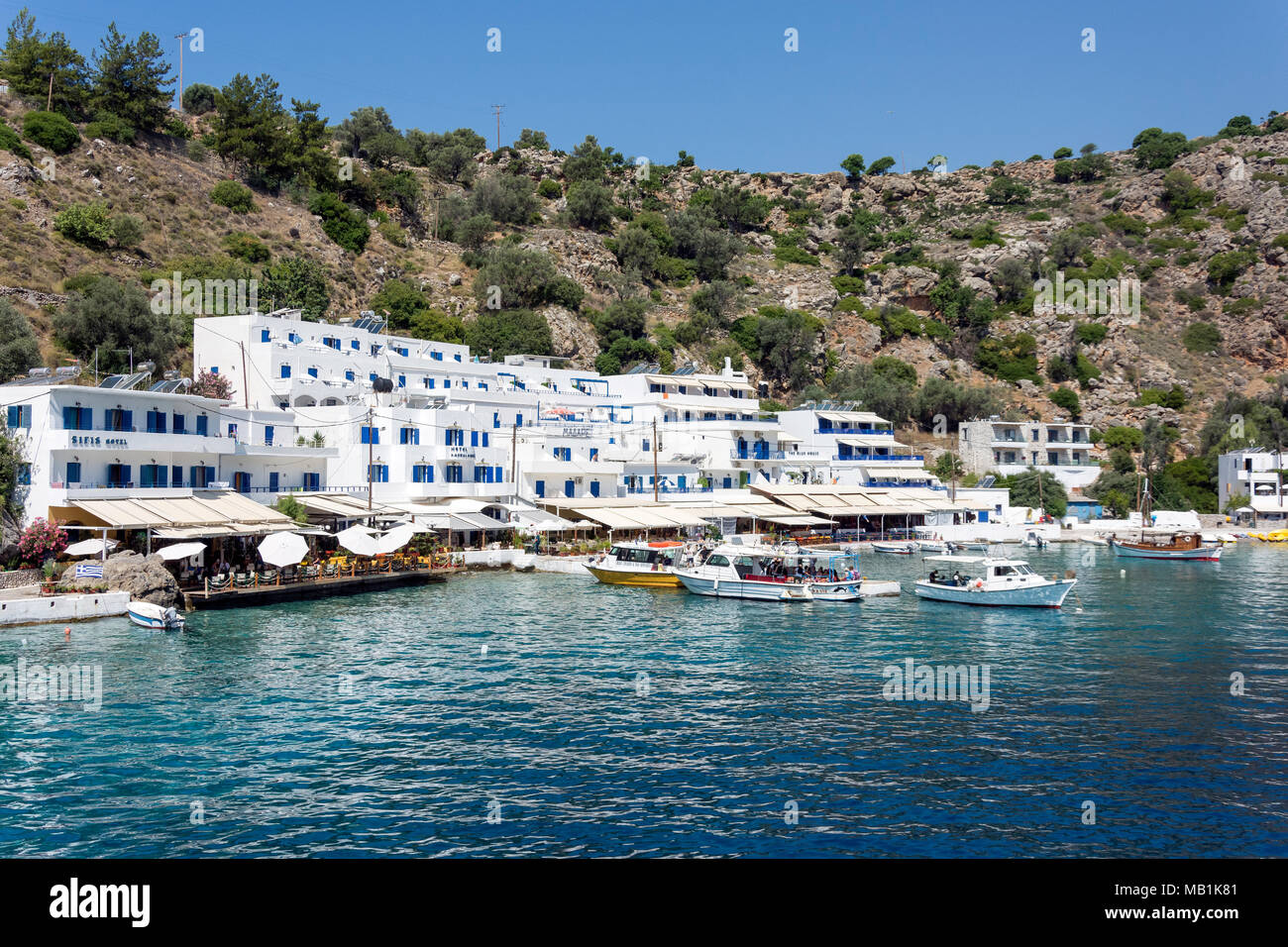 Harbour view, Loutro, Sfakia, Chania Region, Crete (Kriti), Greece Stock Photo