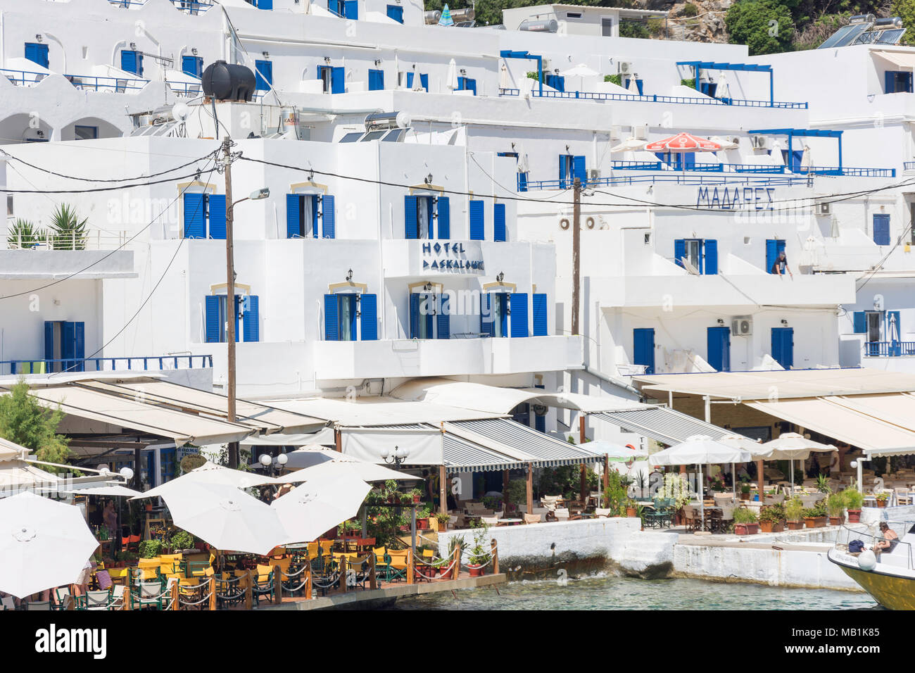 Harbour tavernas and Daskalogiannis Hotel, Loutro, Sfakia, Chania Region, Crete (Kriti), Greece Stock Photo