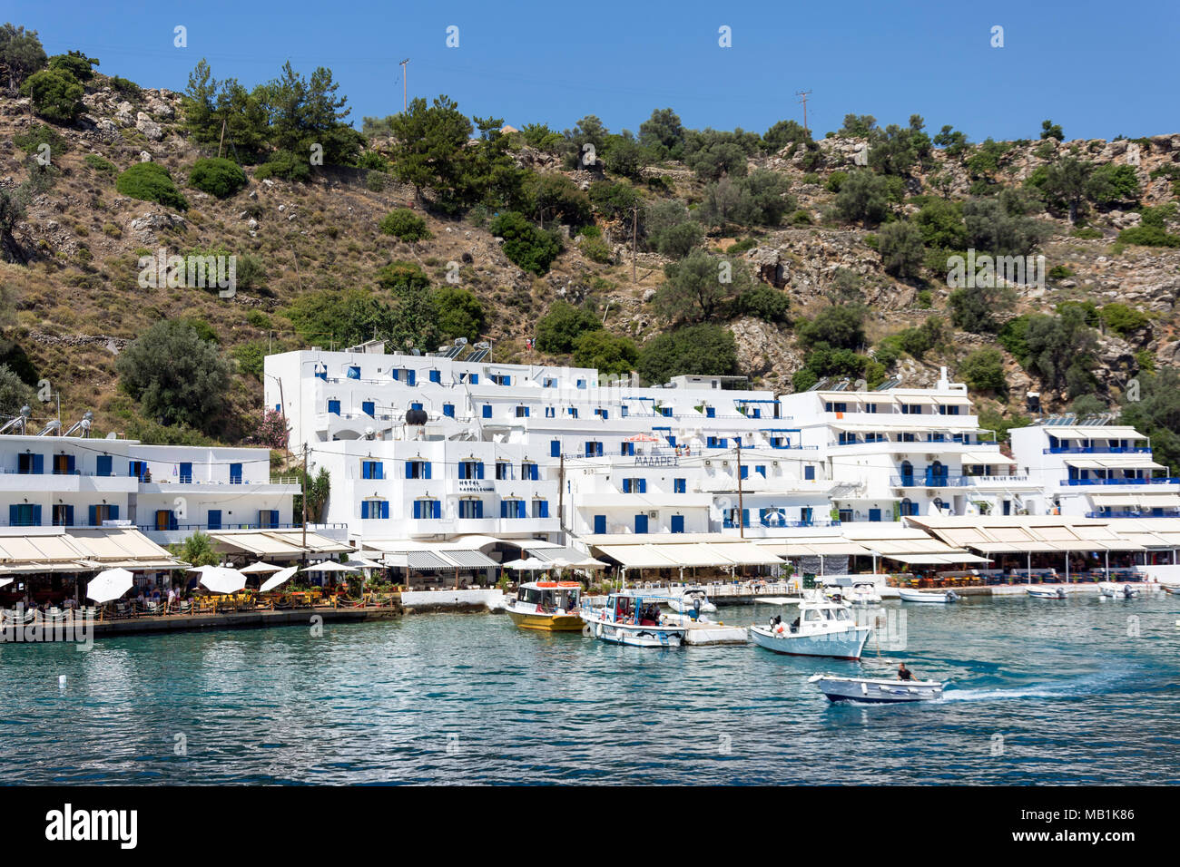 Harbour view, Loutro, Sfakia, Chania Region, Crete (Kriti), Greece Stock Photo