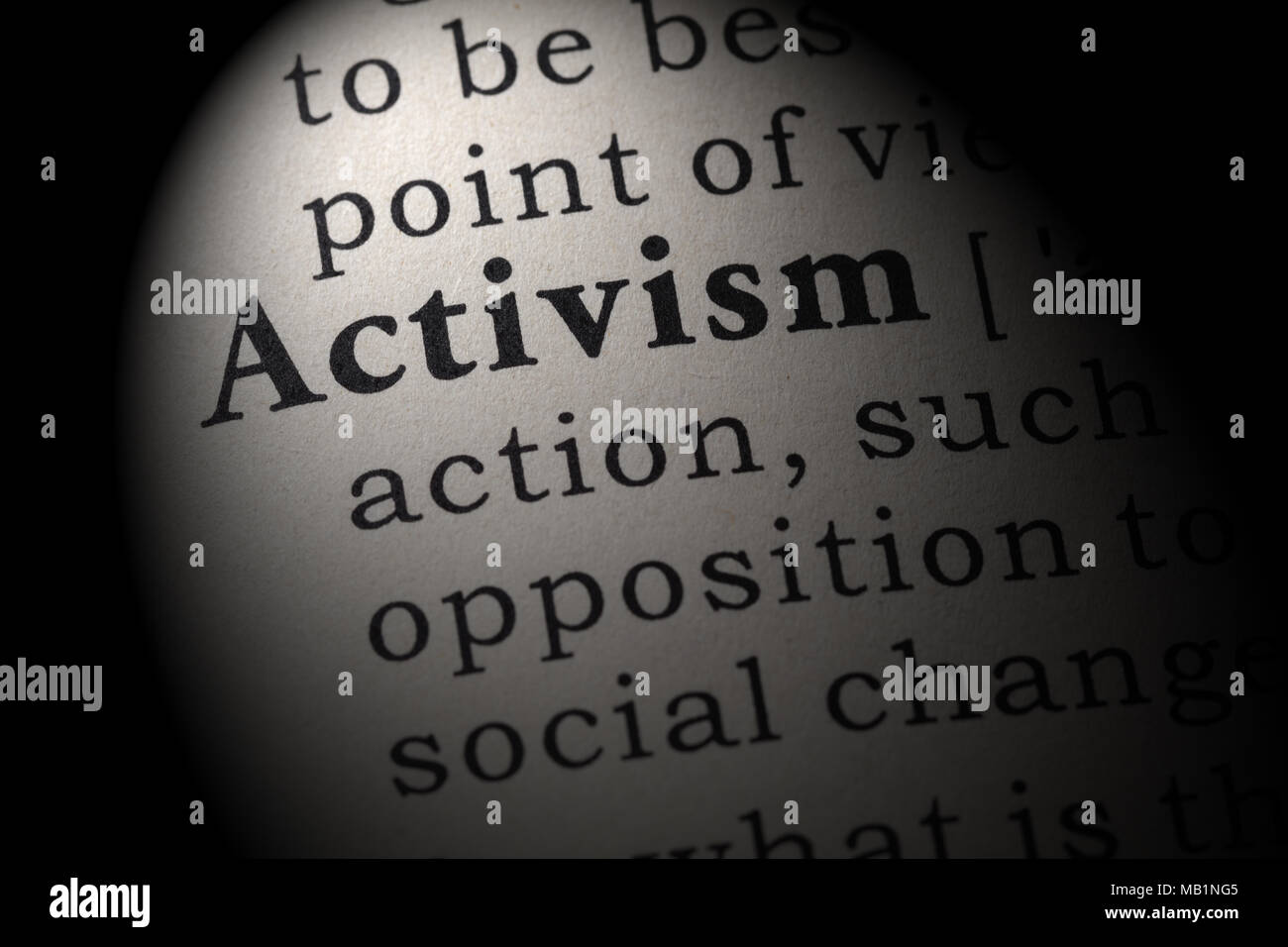 Fake Dictionary, Dictionary definition of the word activism. including key descriptive words. Stock Photo