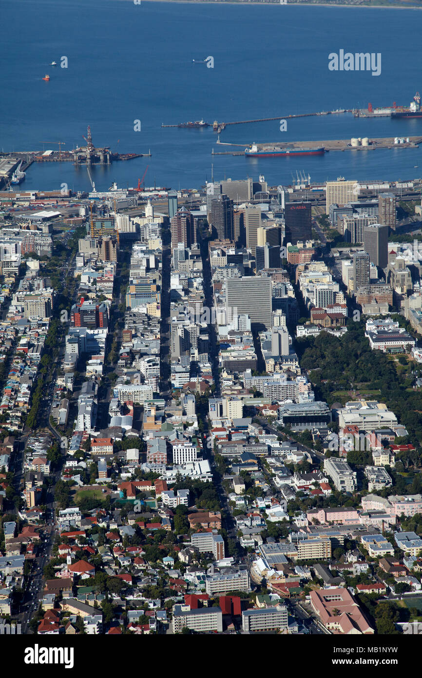 Buitengracht St (left), Cape Town CBD, and Table Bay, South Africa - aerial Stock Photo