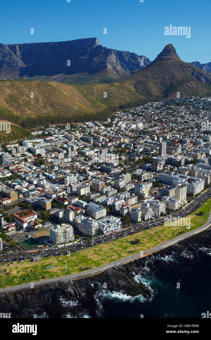 Sea Point Promenade, Sea Point, Lion's Head, and Table Mountain, Cape Town, South Africa - aerial Stock Photo