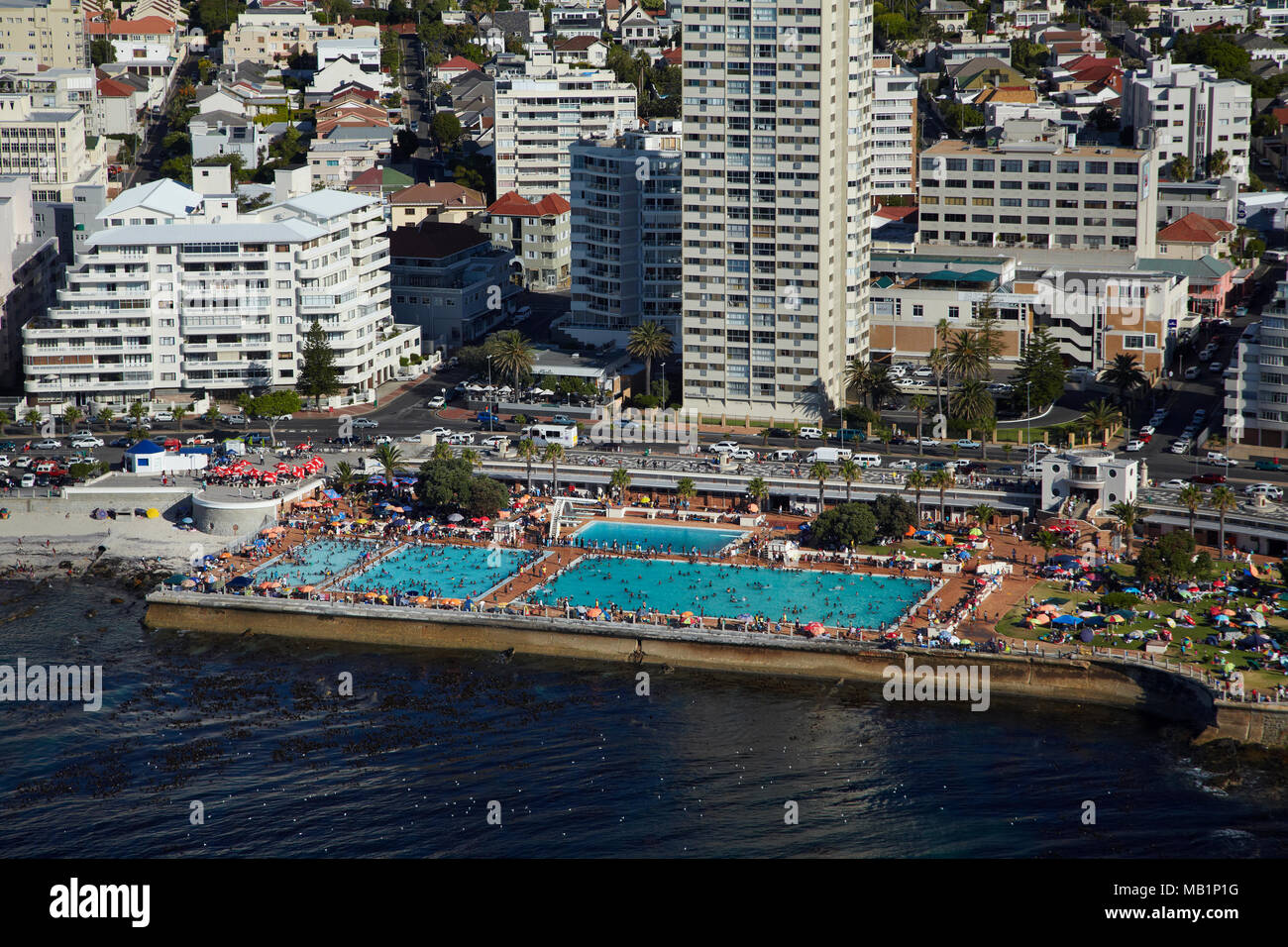Sea Point Swimming Pool, Sea Point, Cape Town, South Africa - aerial Stock Photo