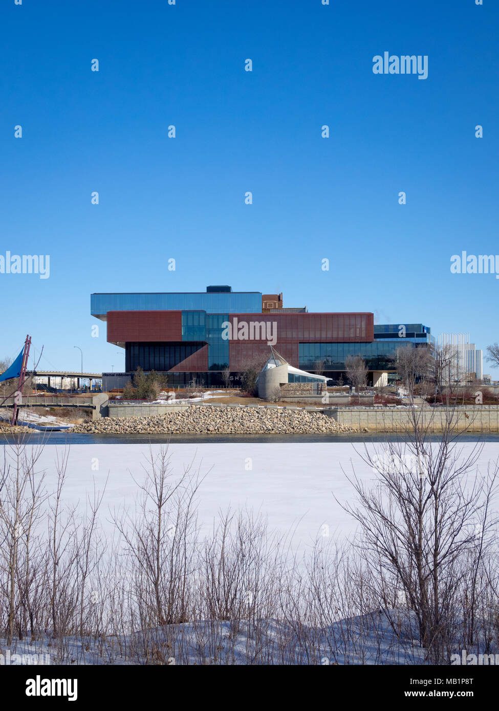 The exterior of the Remai Modern Art Gallery as seen from across the frozen South Saskatchewan River in Saskatoon, Saskatchewan, Canada. Stock Photo