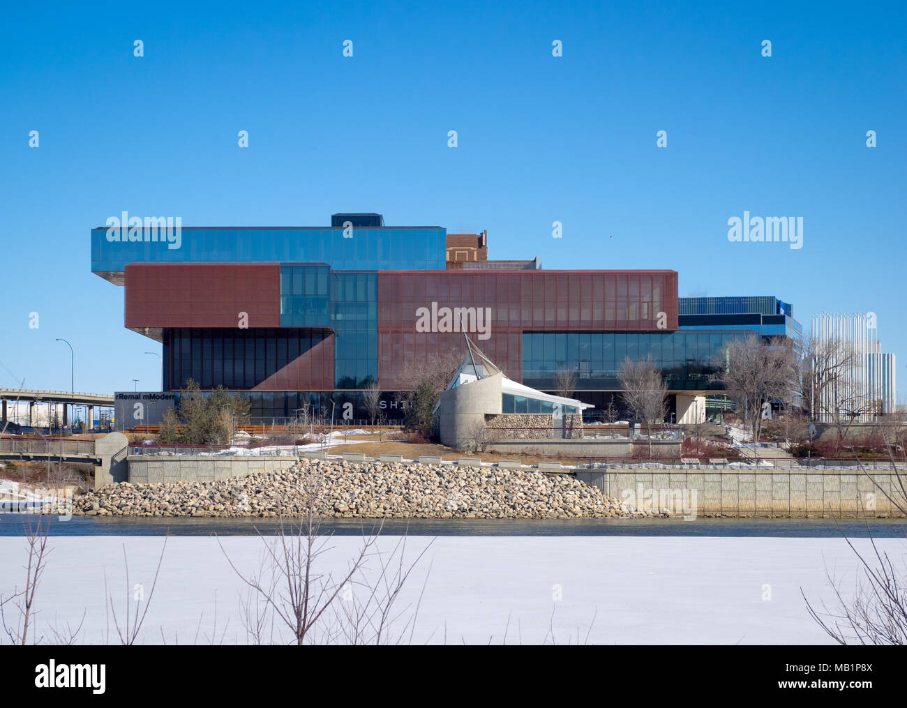 The exterior of the Remai Modern Art Gallery as seen from across the frozen South Saskatchewan River in Saskatoon, Saskatchewan, Canada. Stock Photo
