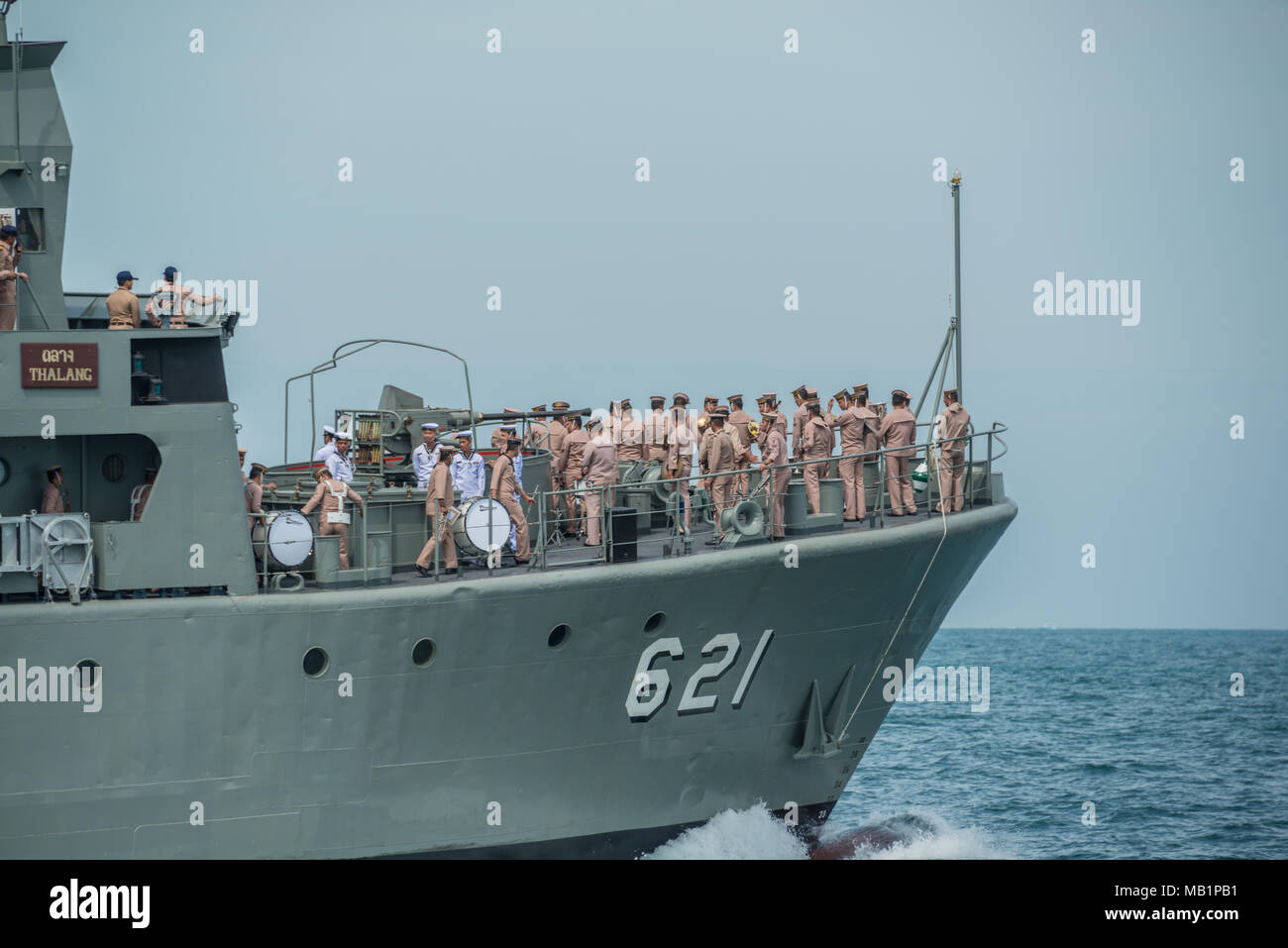 Pattaya, Thailand - November 9, 2017, Musician navals with music instruments on navy warship on the 50th anniversary ASEAN international fleet review Stock Photo