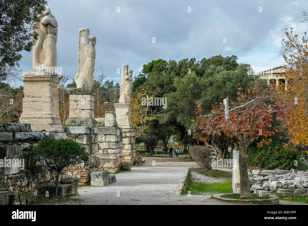 Odeon of Agrippa statues in Ancient Agora in Athens, Greece Stock Photo