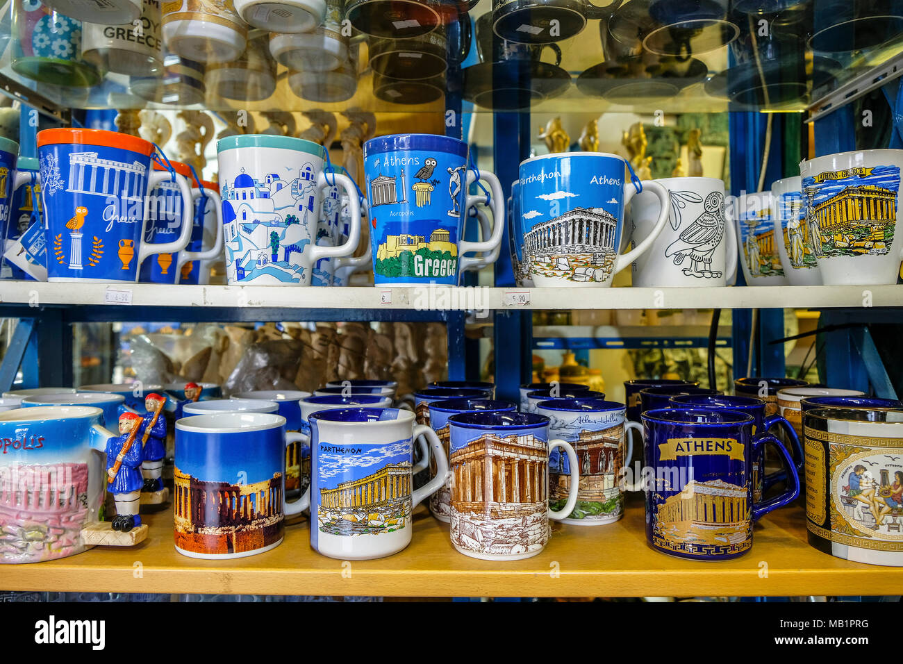 Athens, Greece December 28, 2017 Souvenir decorated cups in a store in Athens, Greece Stock