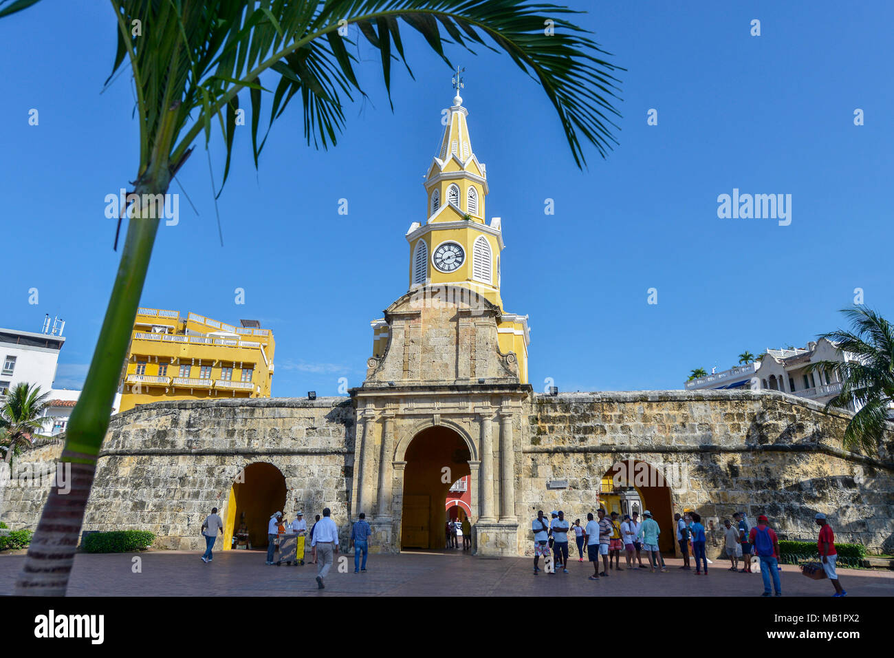 Cartagena, Colombia August 3, 2017 Unidentified people in Clock Tower Gate in Cartagena