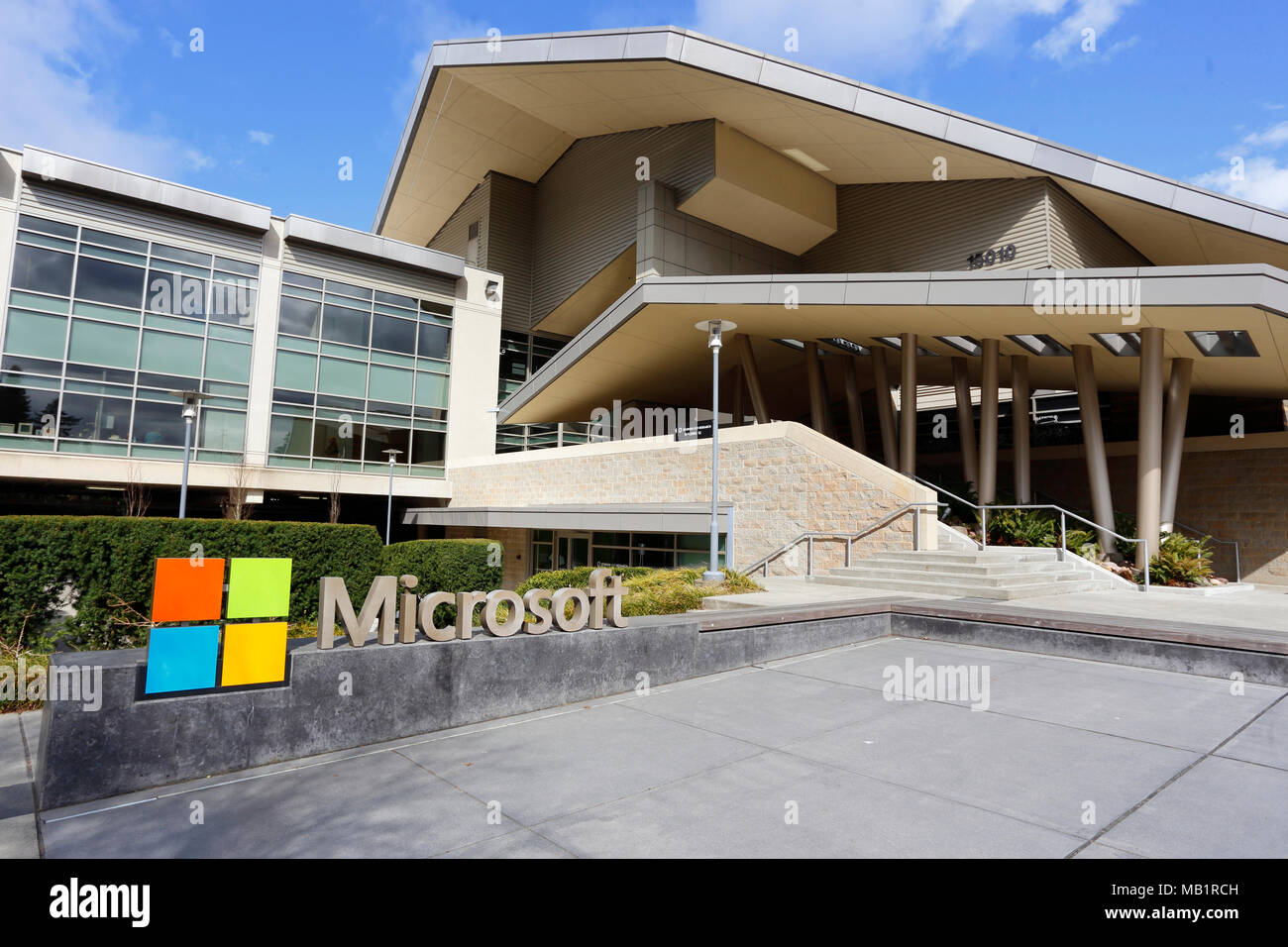 Microsoft Visitor Center in Building 92 of Microsoft main campus, 15010 NE 36th St, Redmond, Washington. The buliding has a Pacific Northwest style Stock Photo