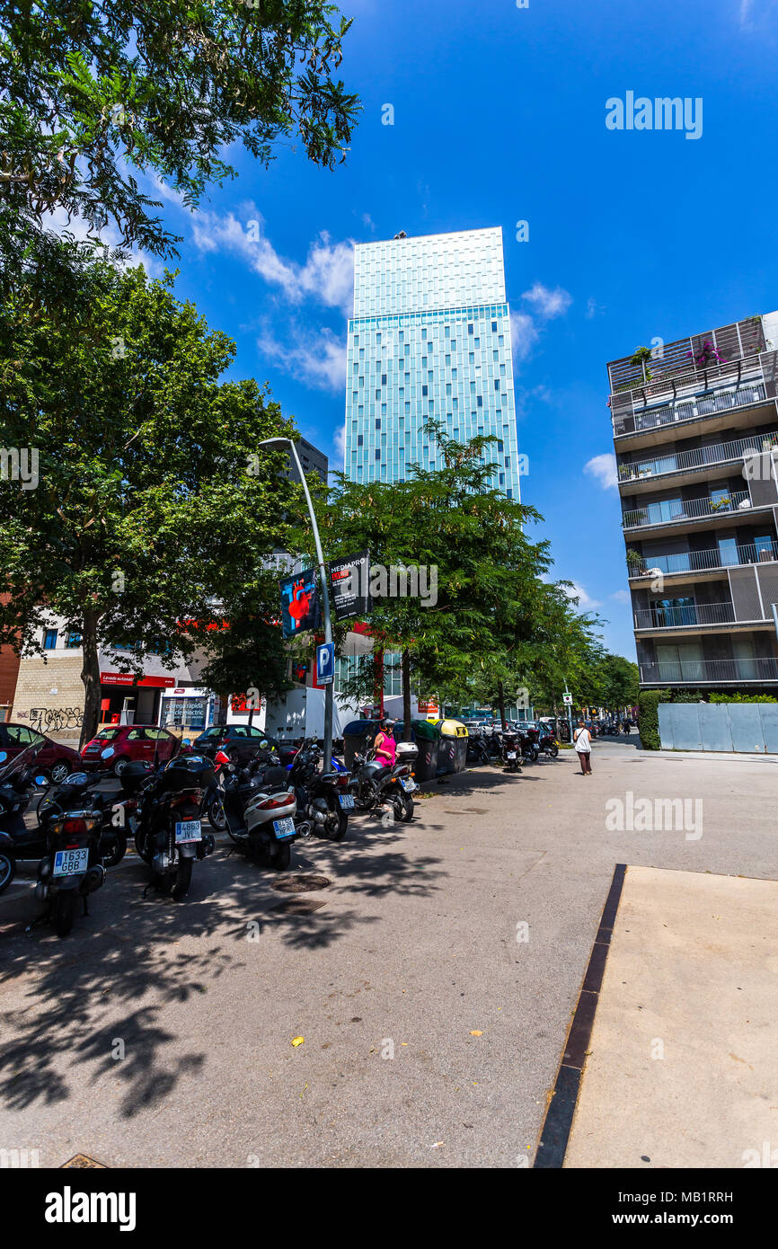 BARCELONA, SPAIN, JUNE 6, 2017: The Melia Barcelona Sky Hotel is a modern skyscraper that stands out in the 22nd district of Barcelona with a high urb Stock Photo
